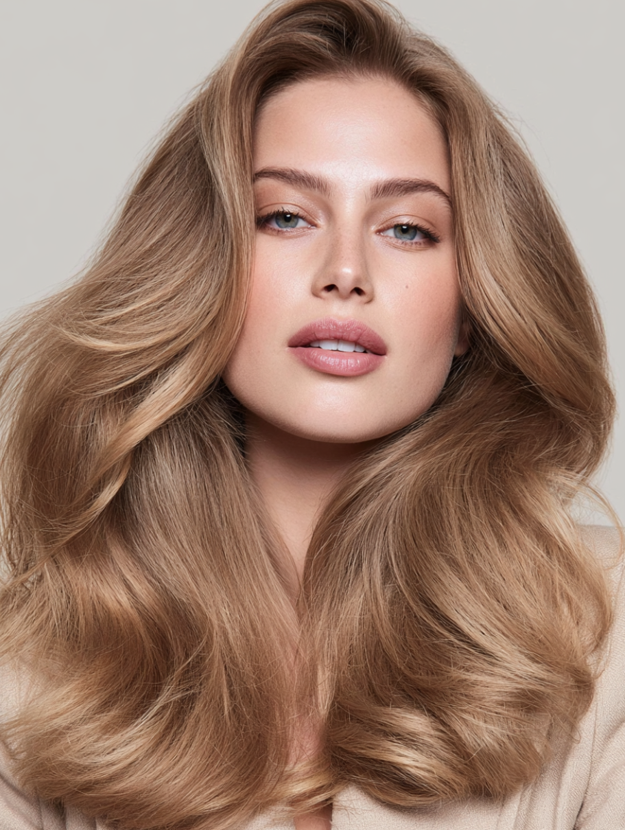 A close-up portrait of a woman with long, wavy blonde hair, wearing a light beige top against a plain light gray background.