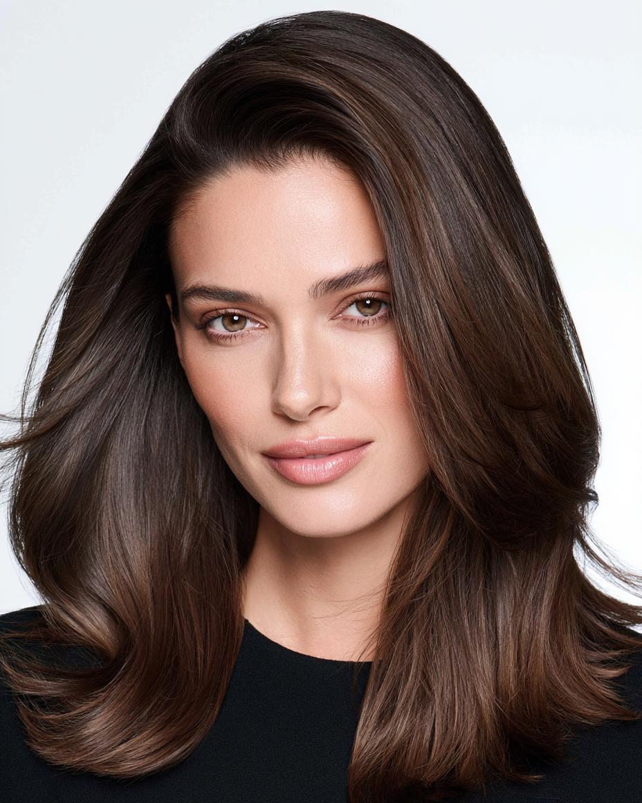 A close-up portrait of a woman with long, dark brown, glossy hair styled in soft waves, wearing a black top against a clean white background.