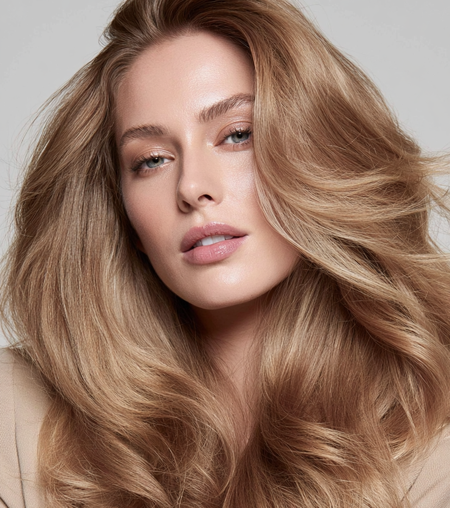 A close-up portrait of a woman with long, wavy blonde hair, wearing a beige top against a light gray studio background.